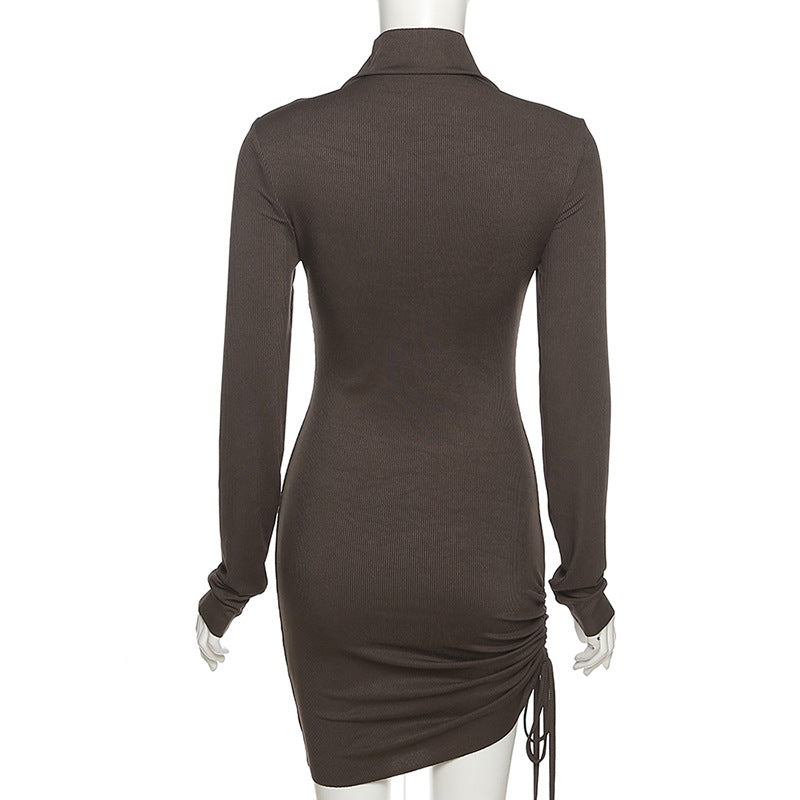 Sexy Women High Neck Drawstring Bodycon Fall Short Dresses