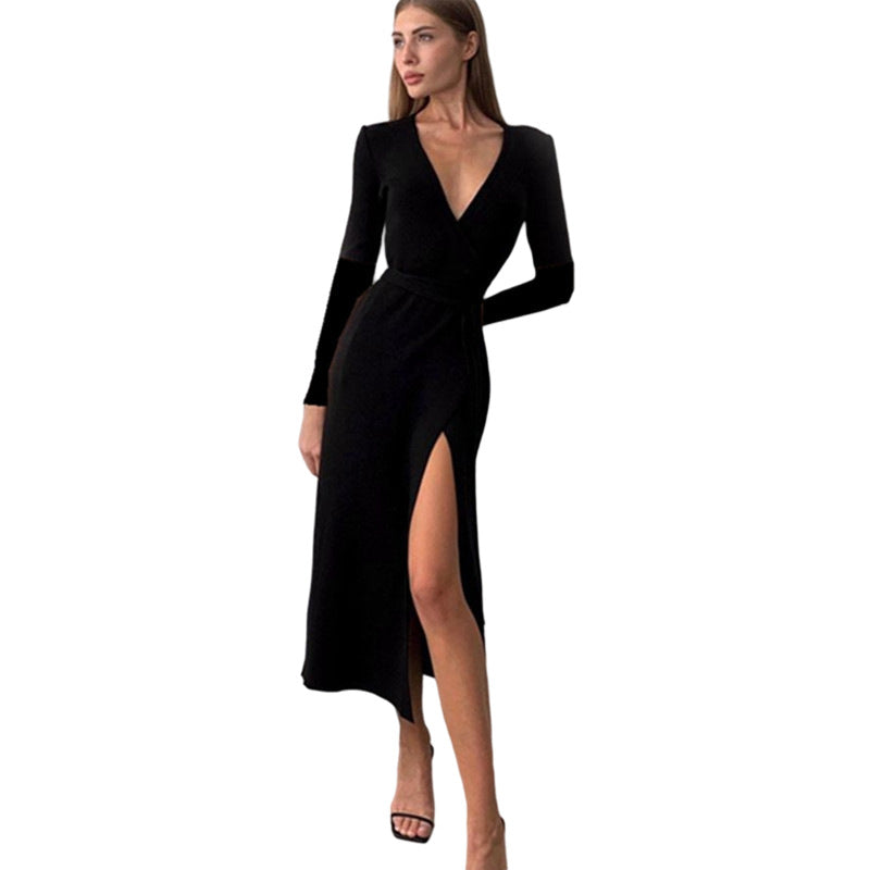 Sexy Black Split Front Long Sleeve Dresses
