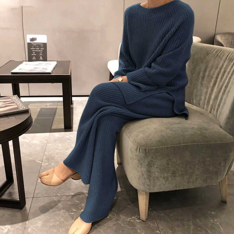 Fall Knitting Pullover Sweaters & Wide Legs Pants Suits