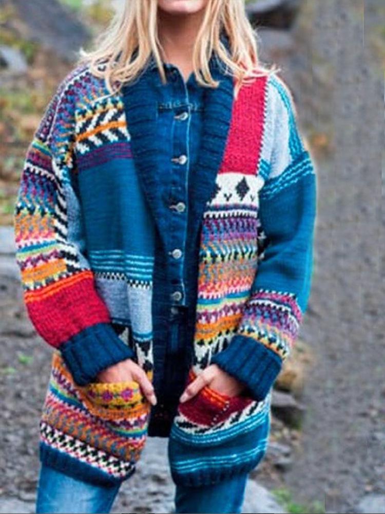 Blue Women Knitting Fall Sweaters with Pocket-STYLEGOING