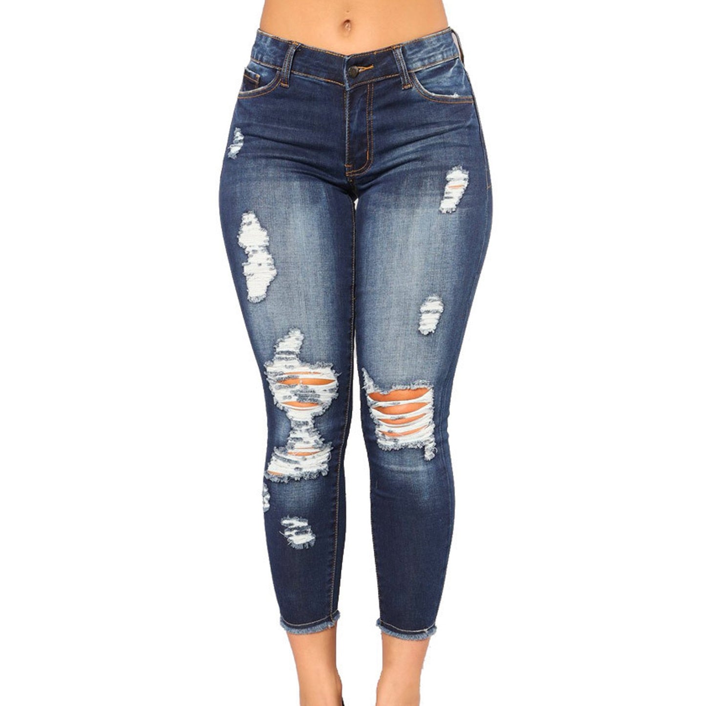 Leisure High Waist Broken Hole Women Denim Jeans