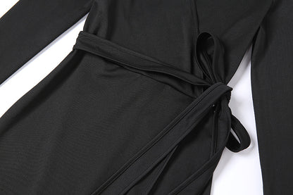 Sexy Black Split Front Long Sleeve Dresses