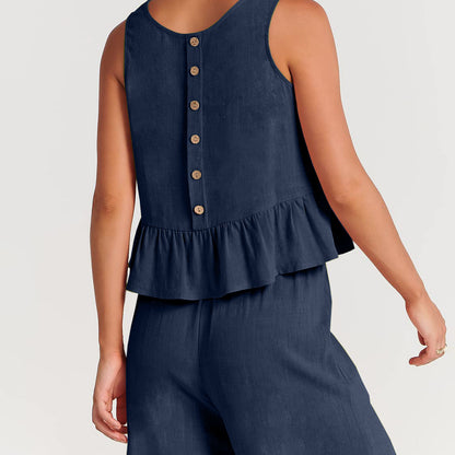 Summer Sleeveless Linen Two Pieces Women Suits
