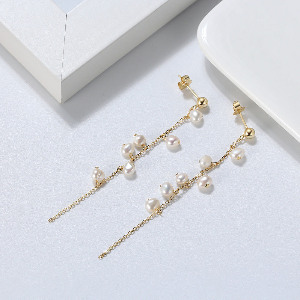 String Beads Pearl Gold Plated Sterling Silver Drop Earrings