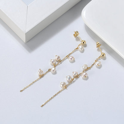 String Beads Pearl Gold Plated Sterling Silver Drop Earrings