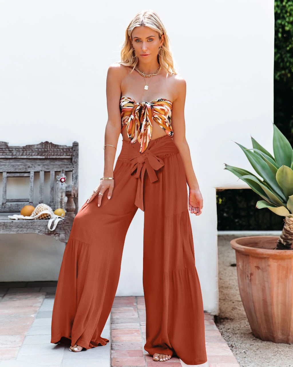 Casual Elastic Waist Wide Legs Pants