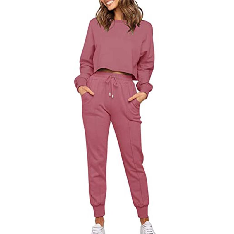 Women Round Neck Drawstring Casual Fall Sporting Suits-STYLEGOING