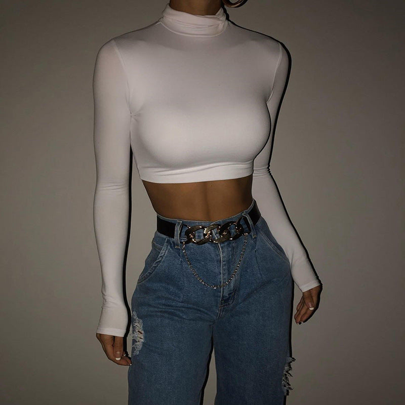 Sexy Long Sleeves High Neck Middriff Baring Women Tops
