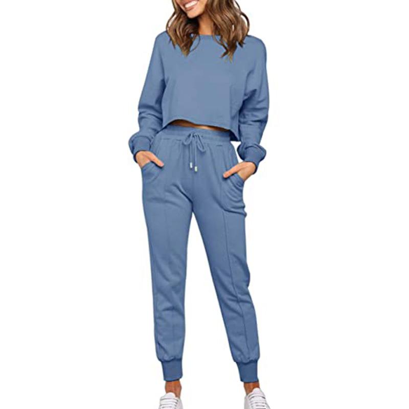 Women Round Neck Drawstring Casual Fall Sporting Suits-STYLEGOING