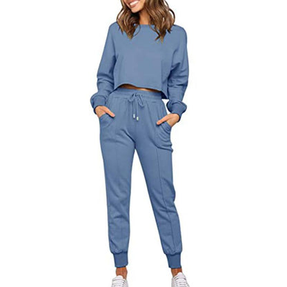 Women Round Neck Drawstring Casual Fall Sporting Suits-STYLEGOING
