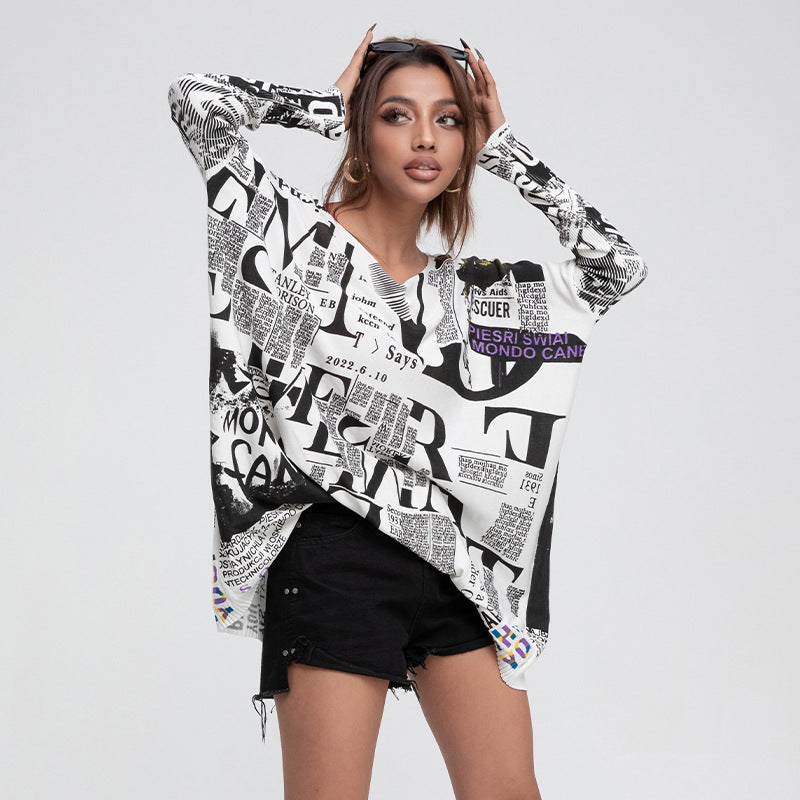 Casual Newspaper Pattern Women Loose Long Sleeves Shirts