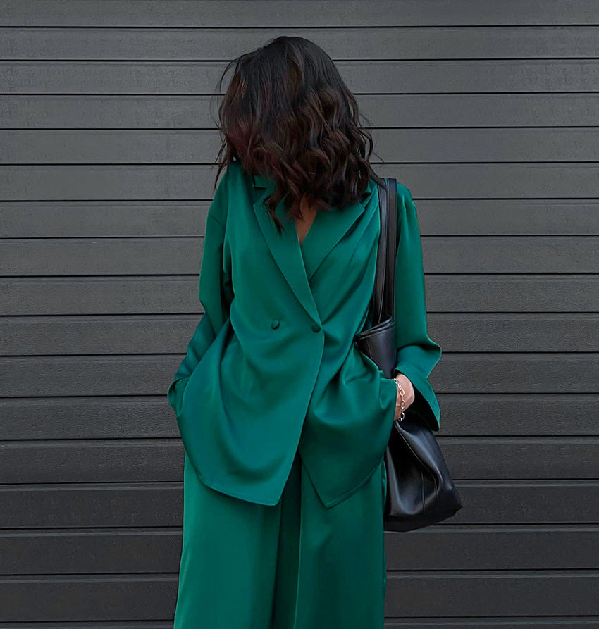 Casual Long Sleeves Blazers and Pants Green Fall Outsuits