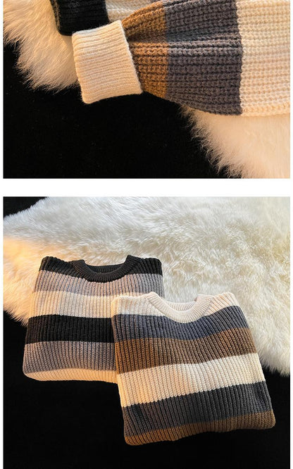 Striped Round Neck Knitting Men's Pullover Sweaters