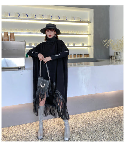 Vintage Tassels Turtleneck Black Dresses for Women