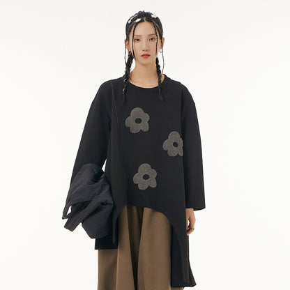 Gray Flowers Irregular Pullover Top Sweaters