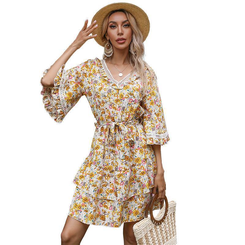 Summer Bell Sleeves Ruffled Short Dresses-STYLEGOING