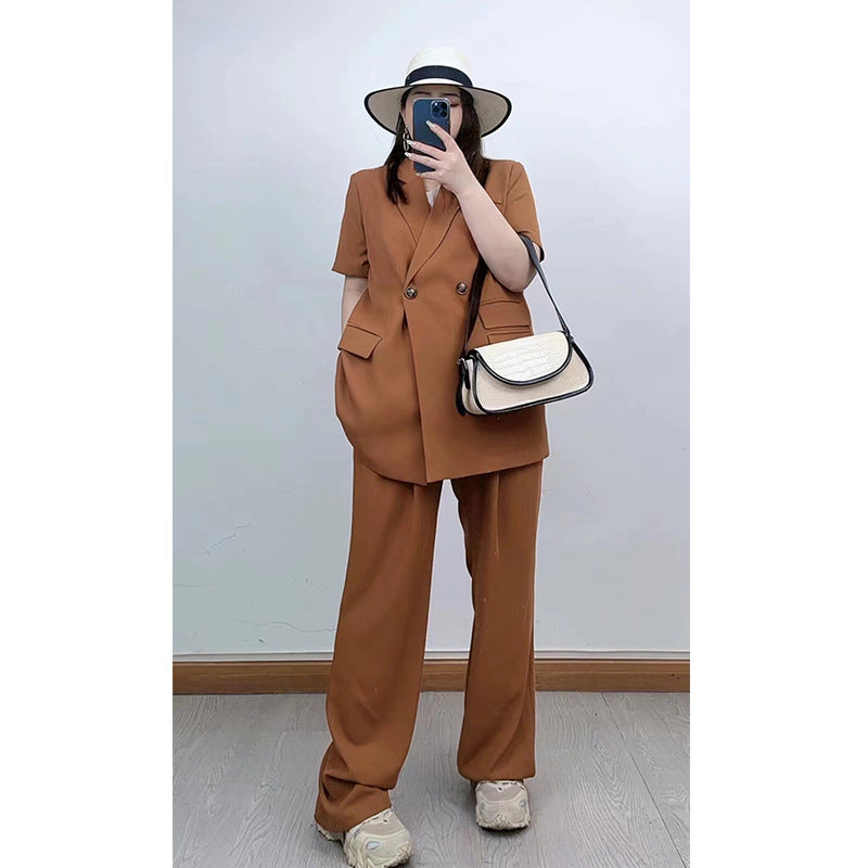 Elegant Short Sleeves Blazer and Wide Leg Pants Summer Outfits for Women