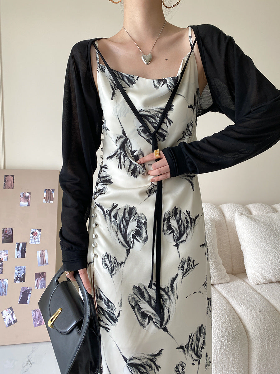 Vintage Floral Design Satin Summer Sleeveless Sun Dresses