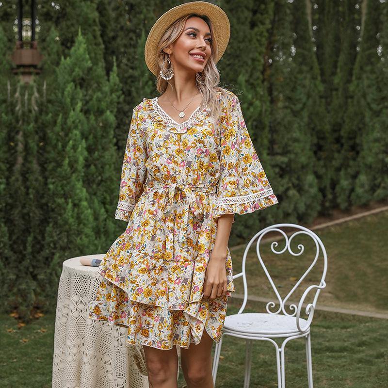 Summer Bell Sleeves Ruffled Short Dresses-STYLEGOING