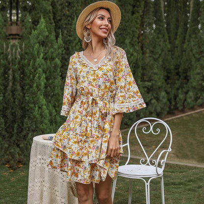 Summer Bell Sleeves Ruffled Short Dresses-STYLEGOING