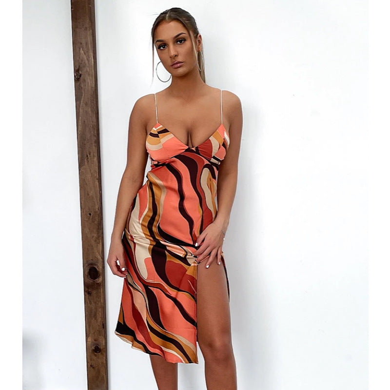 Sexy Geometry Print Suspender Irregular Women Dresses