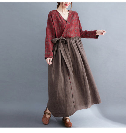 Vintage V Neck Flower Designed Slim Waist Long Maxi Dresses