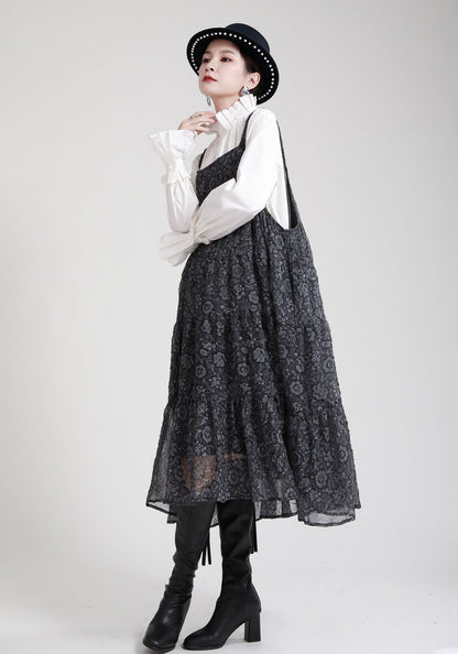 Black Adjustable Strap Floral Women Fall Dresses