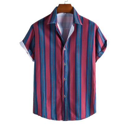 Red and Blue Striped Summer Short Sleeves Shirts for Men