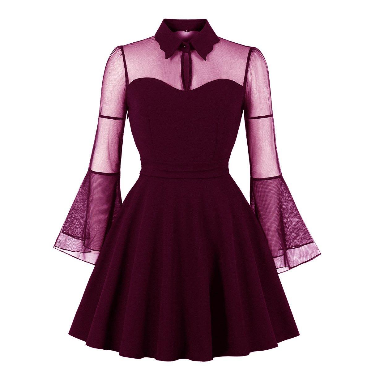 Plus Sizes Net Bell Sleeves Vintage Mini Dresses-STYLEGOING