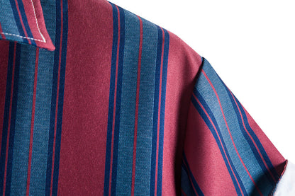 Red and Blue Striped Summer Short Sleeves Shirts for Men