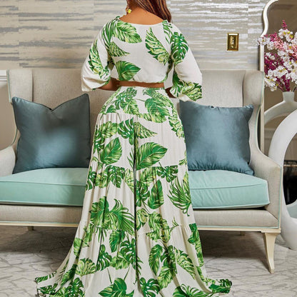 Casual Leaf Print Two Pieces Women Suits