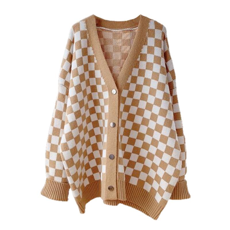 Women Chessboard Print Loose Knitting Cardigans