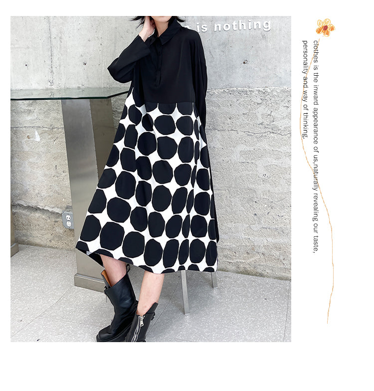 Vintage Dot Print Black Long Sleeves A Line Shirts Dresses