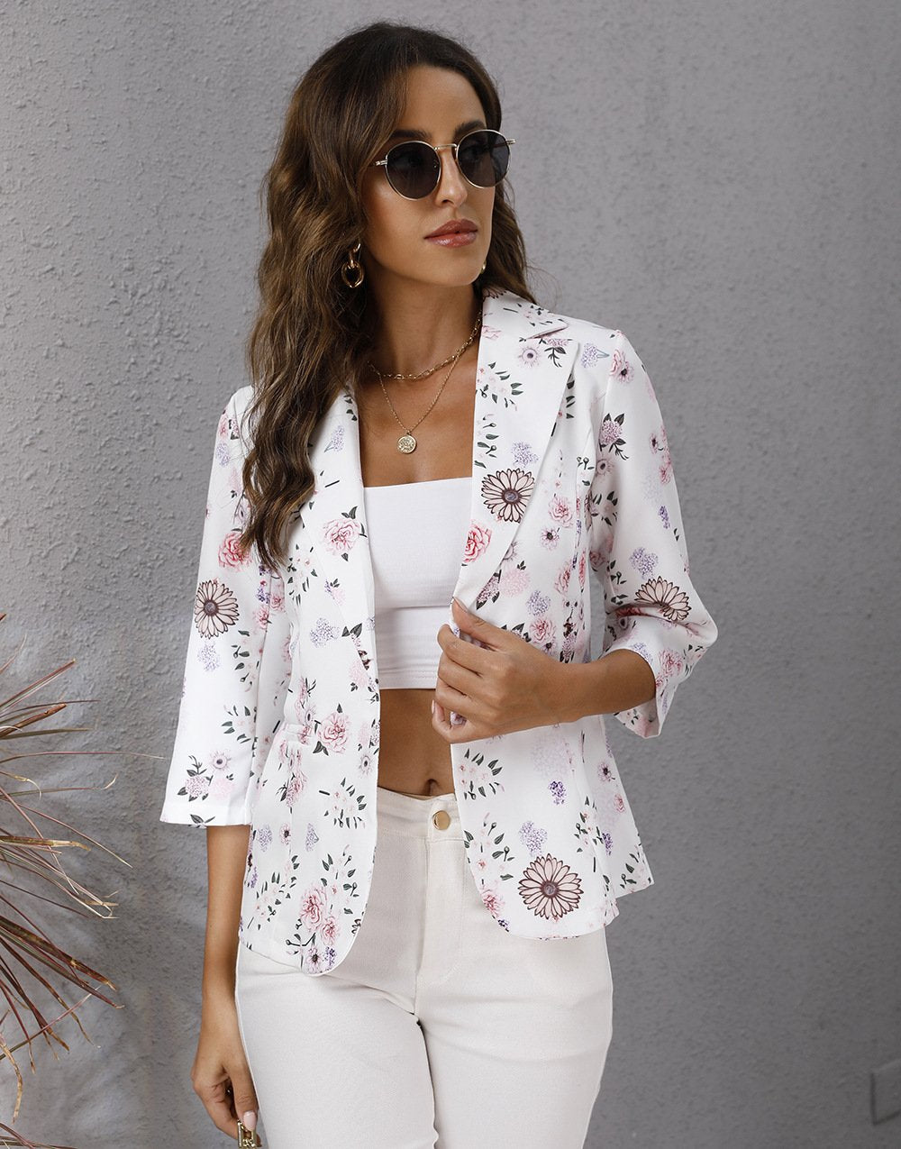 Women Floral Print Turnover Collar Fall Blazers-STYLEGOING