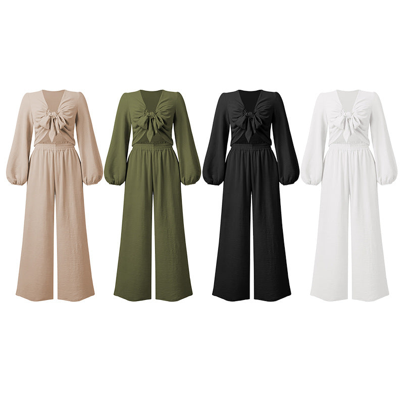 Sexy Long Sleeves Tops & Wide Legs Pants Women Suits