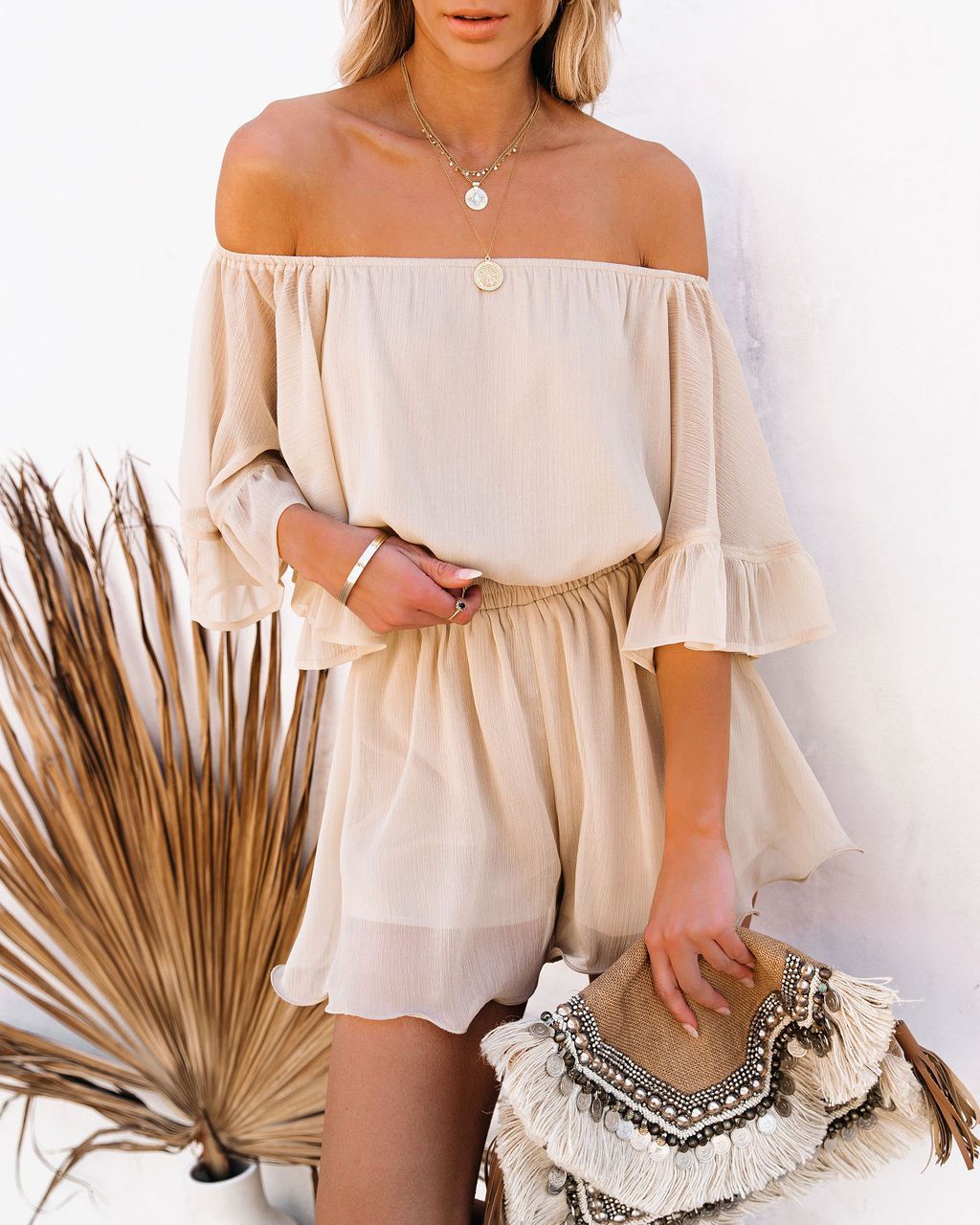 Summer Chiffon Off The Shoulder Tops & Pants Suits