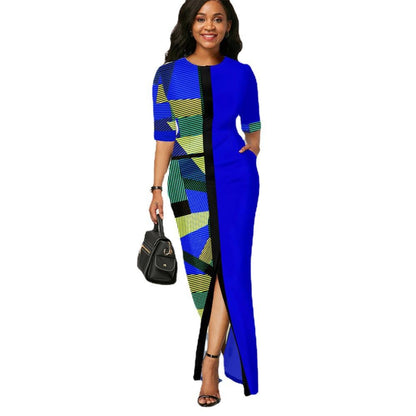 Women Round Neck Split Joint Long Dresses-STYLEGOING