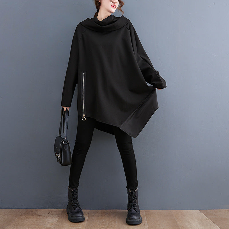Black Pullover Long Sleeves Irregular Hoodies for Women