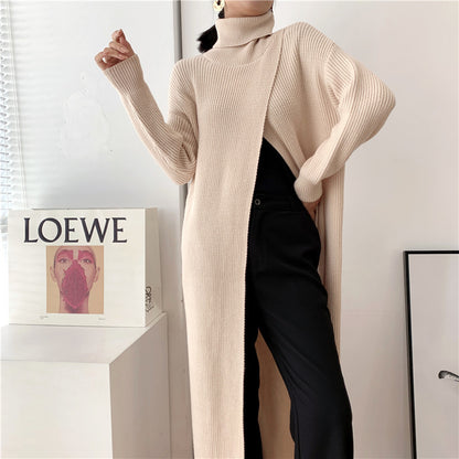 Designed High Neck Split Knitted Pullover Long Dresses