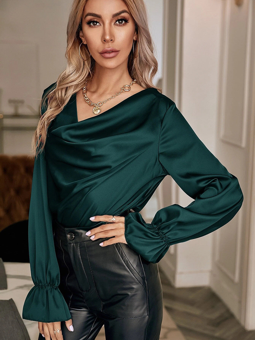Elegant Satin Pullover Long Sleeves Women Shirts