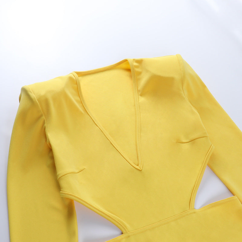 Women Sexy V Neck Midriff Long Sleeves Dresses