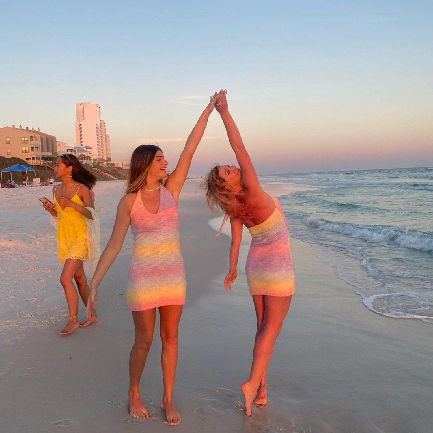 Sexy Deep V-neck Rainbow Knitting Dresses-STYLEGOING