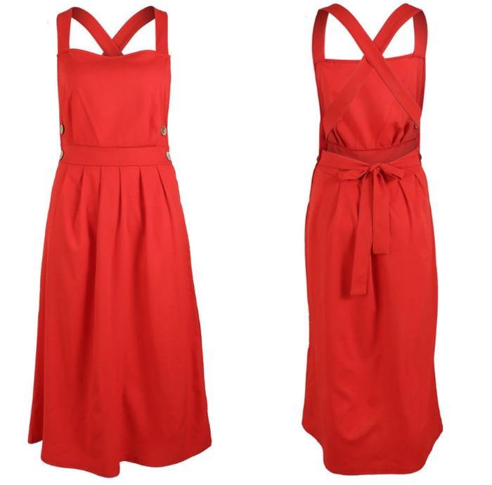 Red Women Strps Midi Length Dresses-STYLEGOING