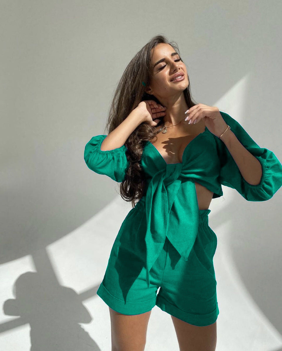 Casual Short Midriff Baring Tops and Shorts Sets for Women