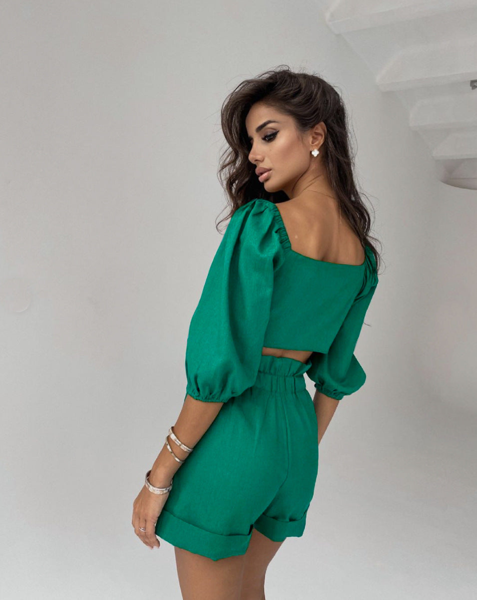 Casual Short Midriff Baring Tops and Shorts Sets for Women