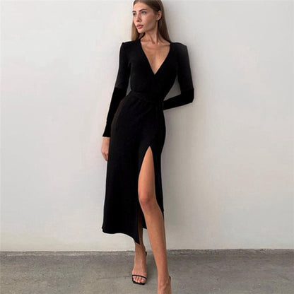 Sexy Black Split Front Long Sleeve Dresses