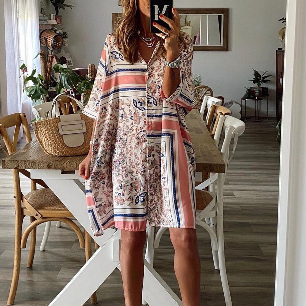 Summer Loose Geometry Polo Neck Dresses-STYLEGOING