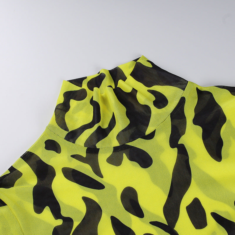 Sexy High Neck Yellow Leopard Long Sleeves Women Dresses