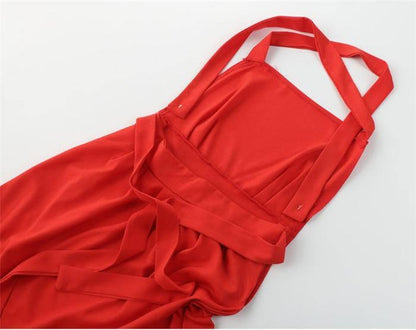 Red Women Strps Midi Length Dresses-STYLEGOING