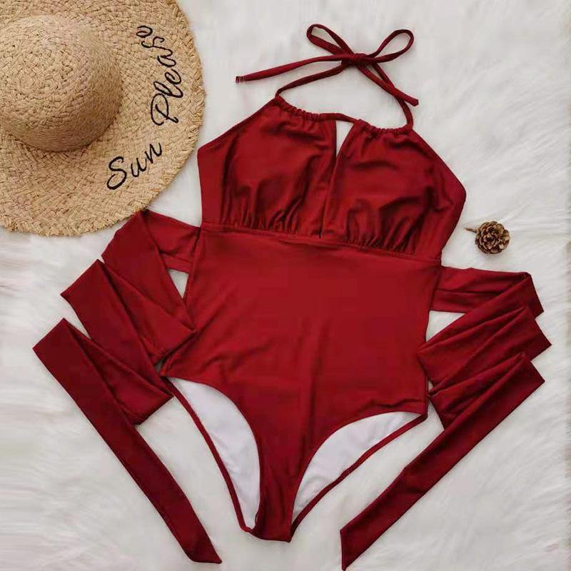 Wine Red Halter Plus Sizes Swimwear-STYLEGOING